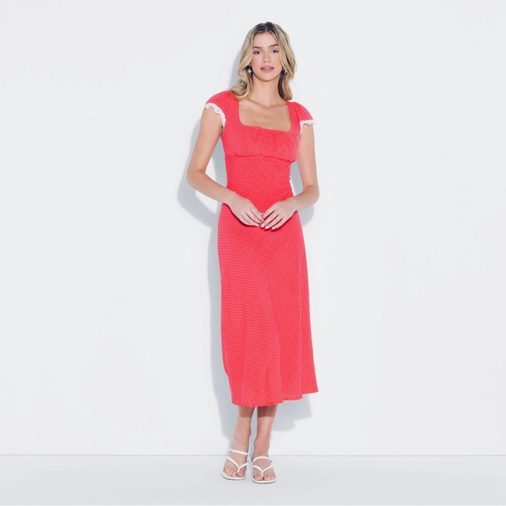 Flutter Cap Sleeve Maxi A-Line Dress | Rose Red, Dots, Lace Detail (S) - Picture 6 of 9